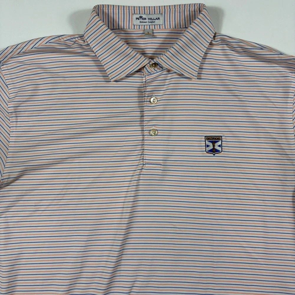 Peter Millar Summer Comfort Polo Kinloch Course Mens Large Striped Blue Orange